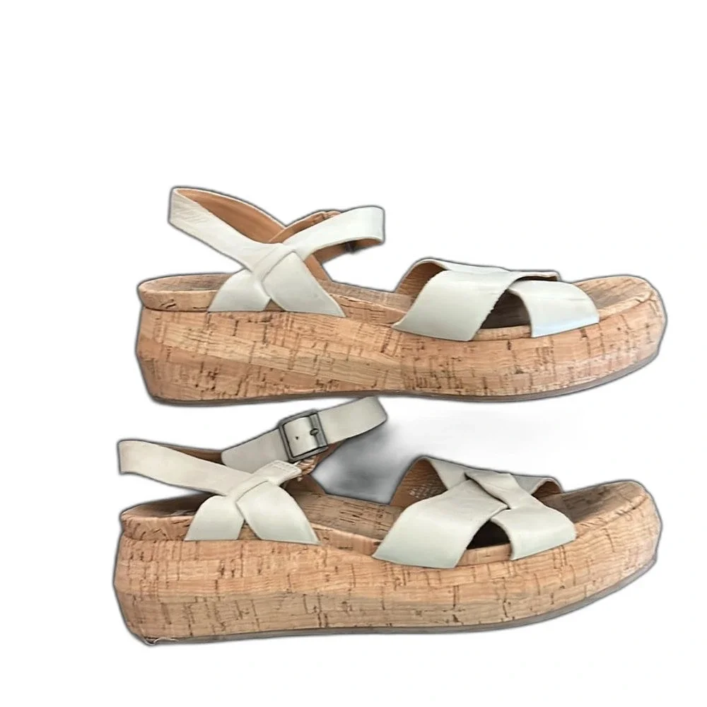 KORKS Sandals Size 8 Leather Platform Heels Ankle Strap Womens Beige Tan Summer